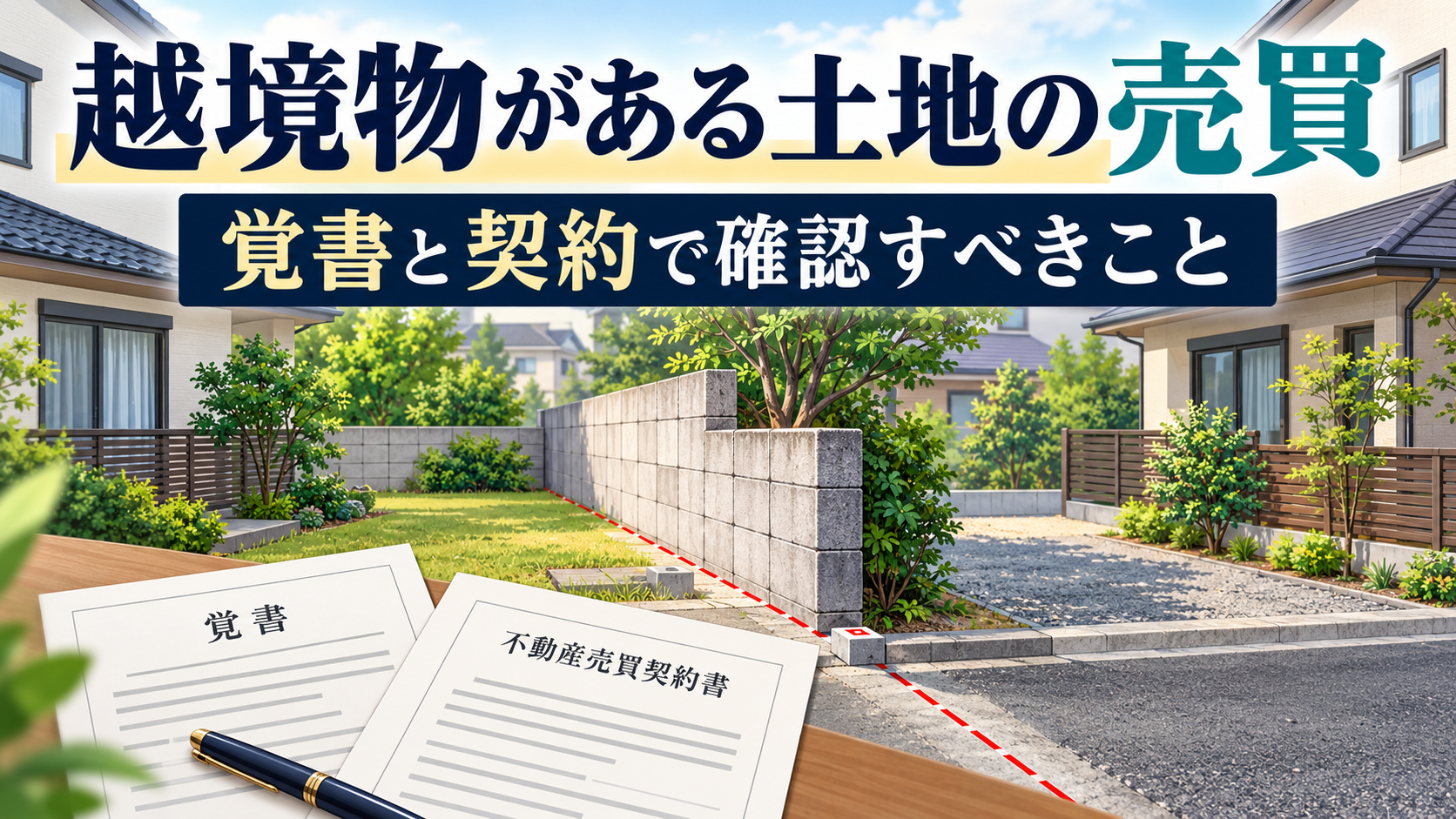 越境したブロック塀と覚書・不動産売買契約書のイメージ