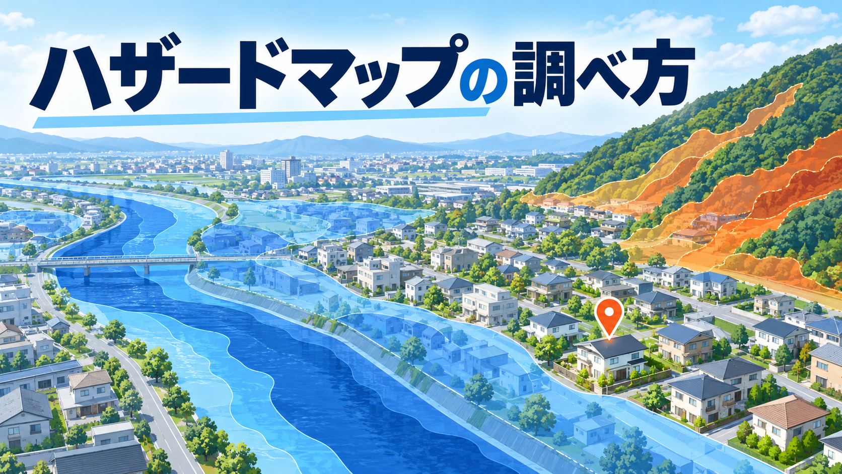 住宅地に洪水と土砂災害の想定区域を重ねたハザードマップのイメージ