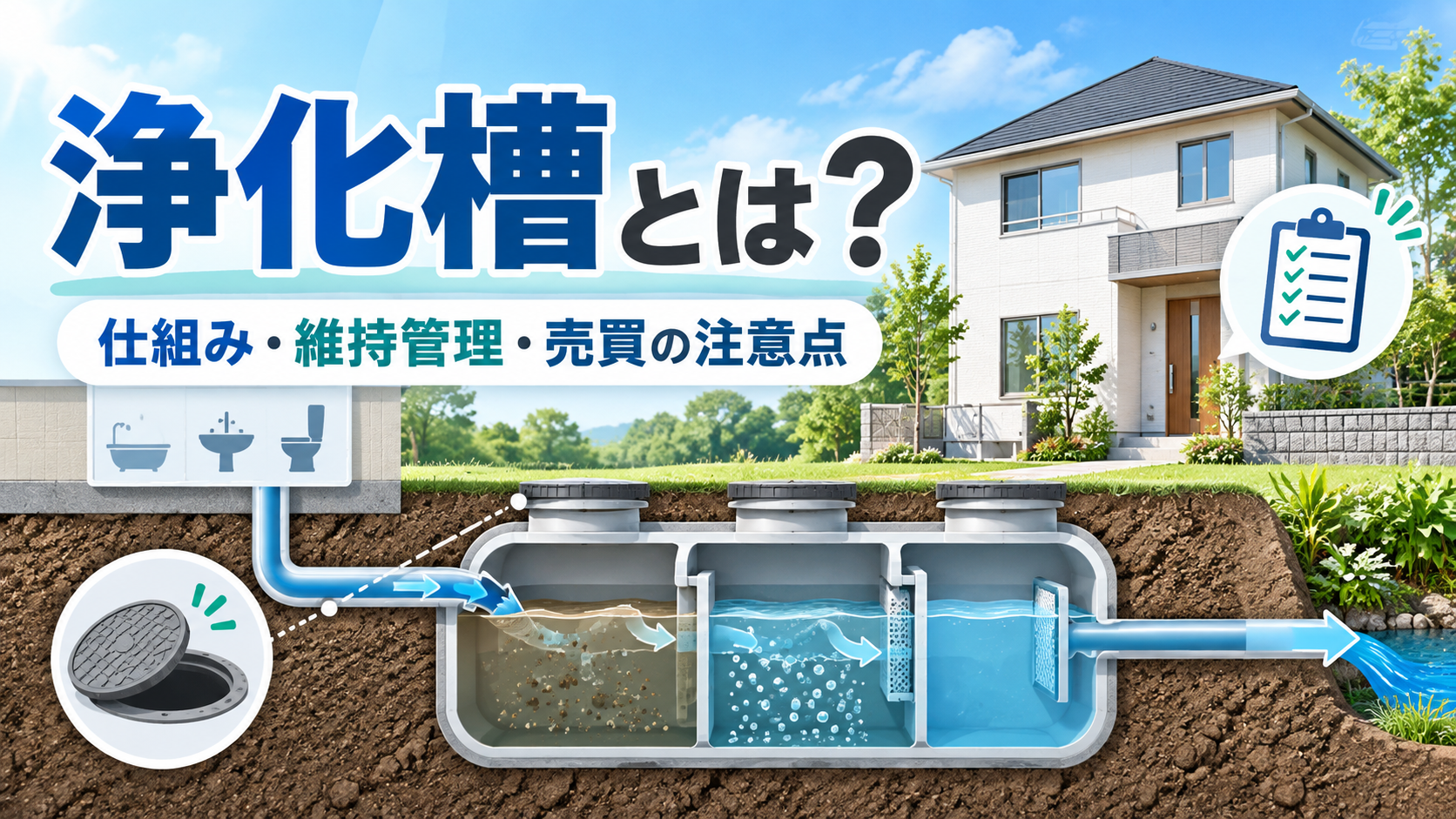 浄化槽の仕組み・維持管理・不動産売買の注意点を解説するイメージ