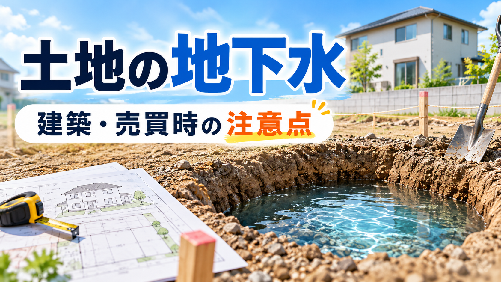 土地を掘削した際に地下水がたまっている様子と建築計画