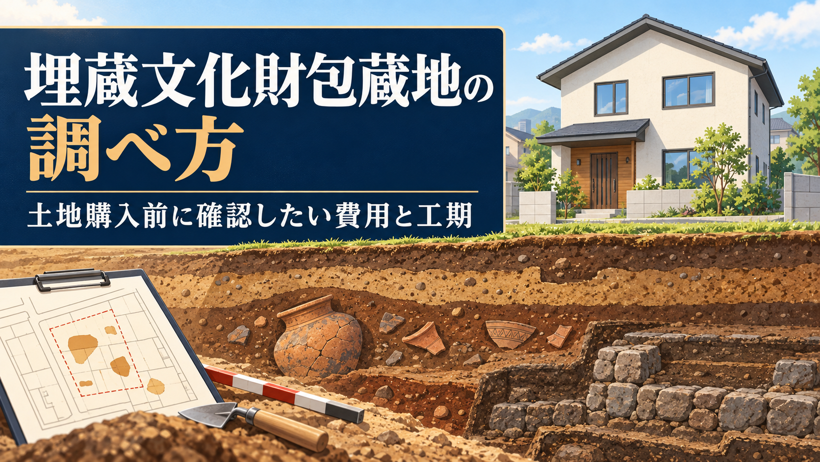 埋蔵文化財包蔵地の土地に建つ住宅と、地中の土器や遺構を描いた図