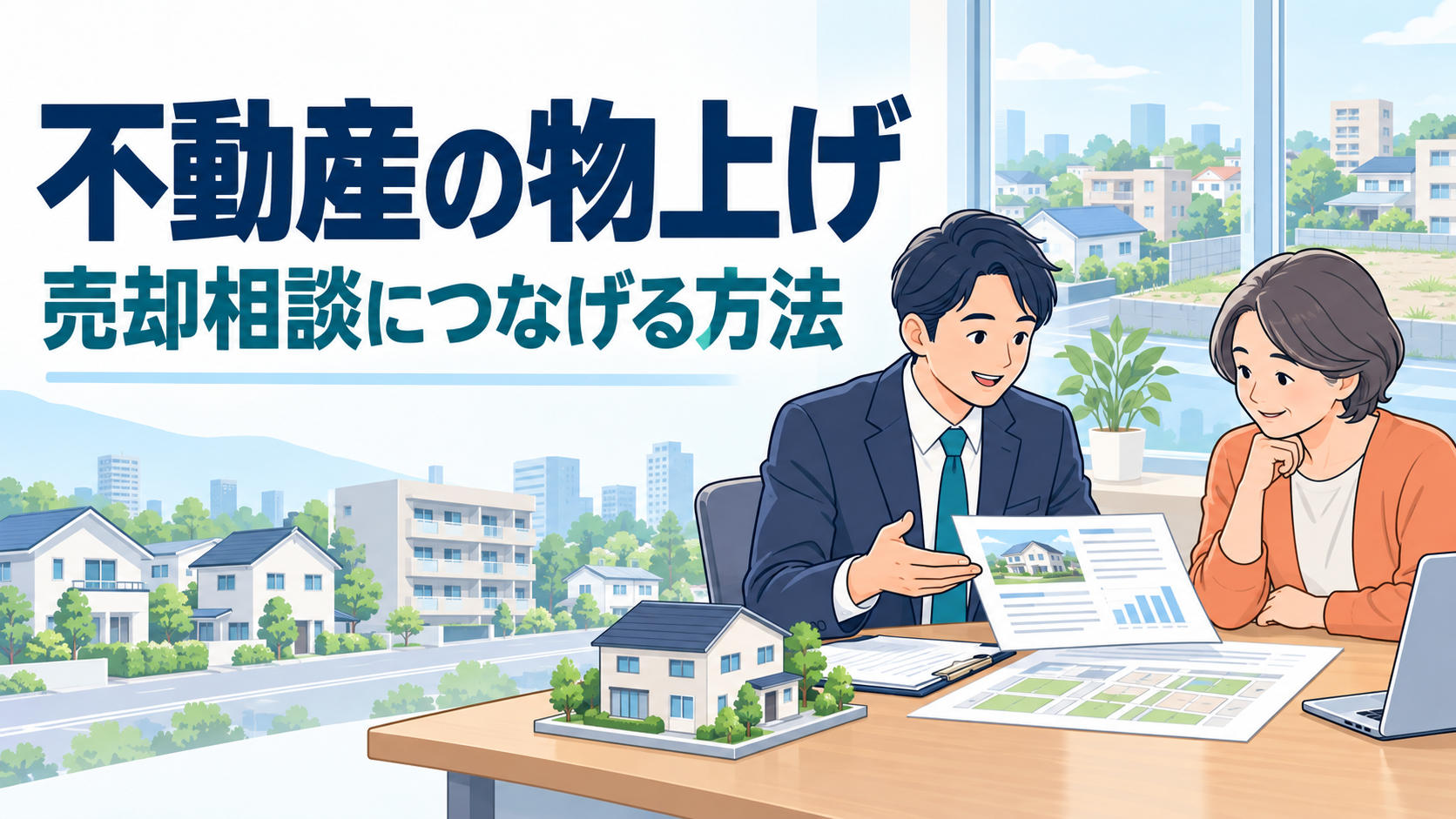 不動産の物上げについて、営業担当者が所有者に査定資料を示しながら売却相談