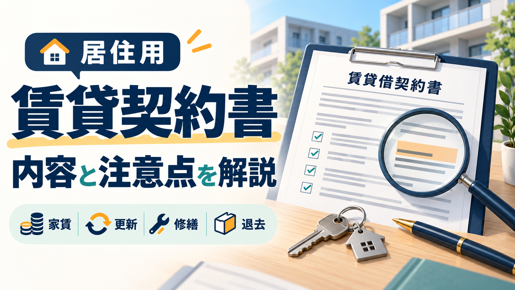 居住用の賃貸契約書と虫眼鏡を描き、家賃・更新・修繕・退去に関する内容と注意点