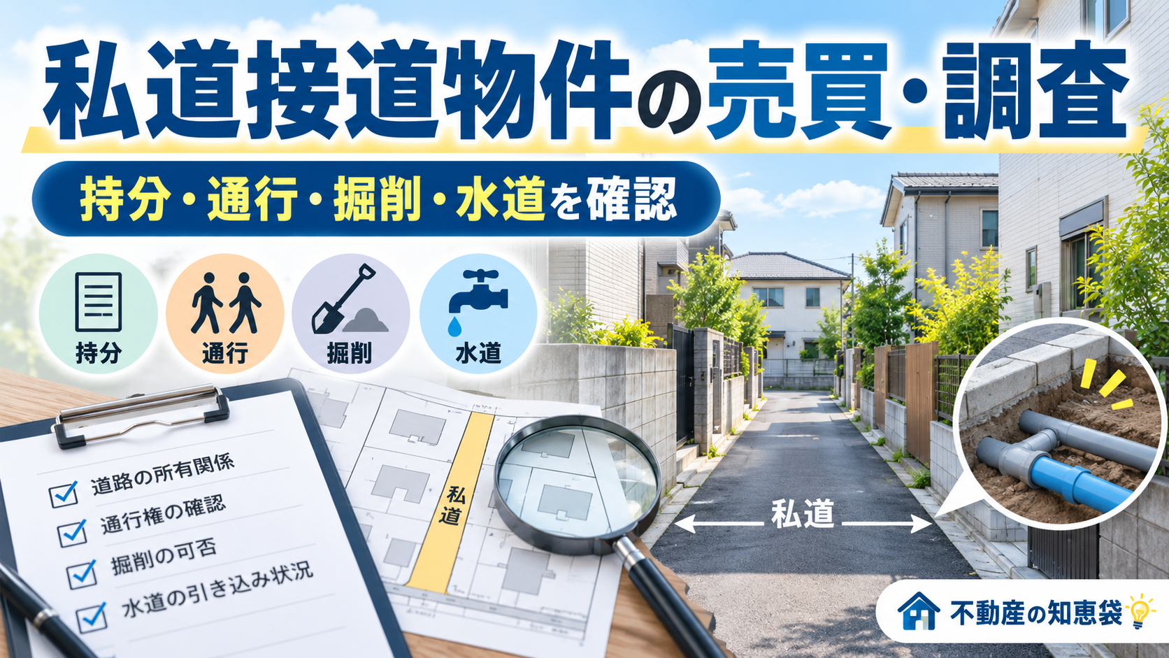 私道接道物件の売買・調査で確認したい持分・通行・掘削・水道