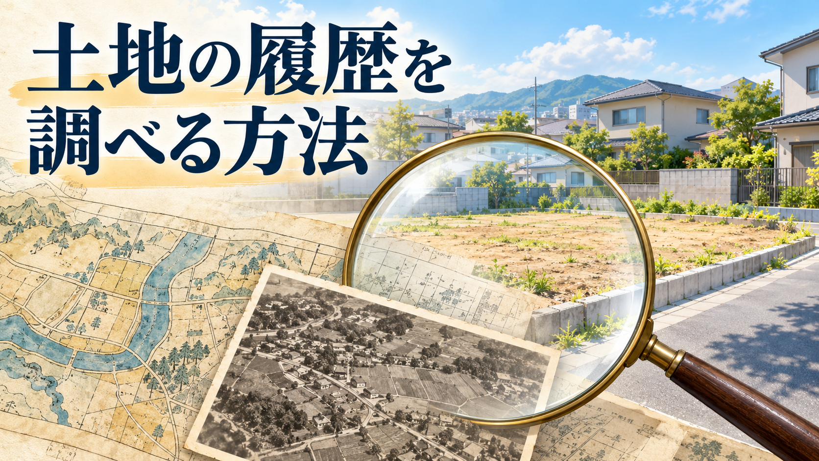 古地図と過去の航空写真を現在の住宅地に重ね、土地の履歴を調べる様子