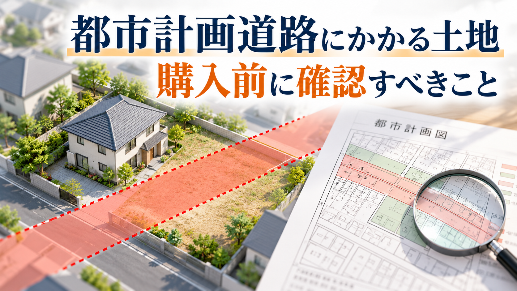 都市計画道路が敷地にかかる住宅と、計画図面を確認する様子