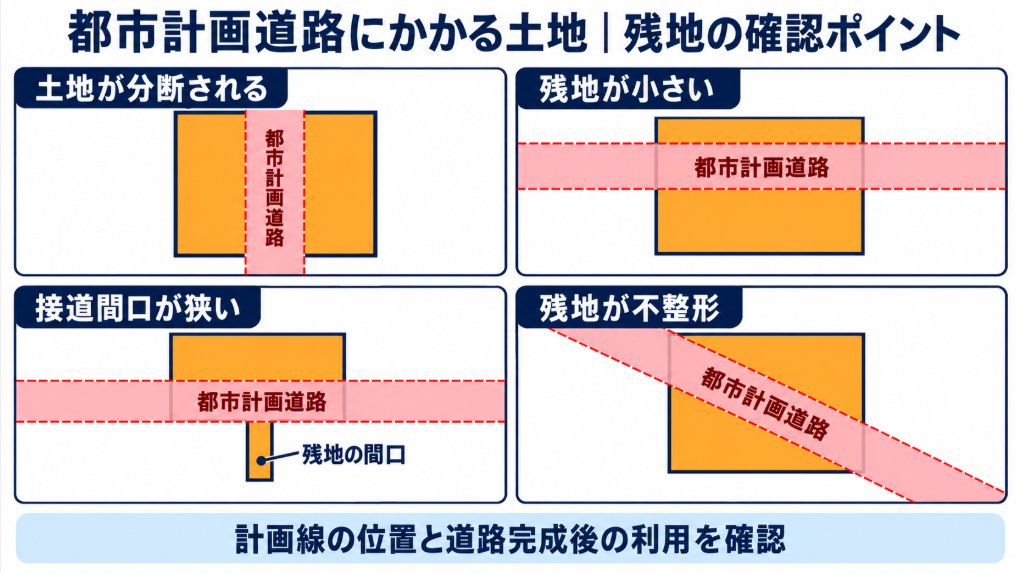 都市計画道路によって土地が分断される、残地が小さくなる、間口が狭くなる、不整形になる４つの例