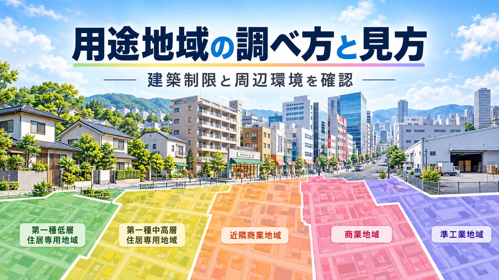 住宅地・商業地・工業地の街並みと用途地域の区分を示したイラスト